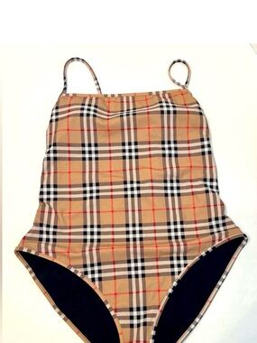 Burberry Beige Black Red Check One-Piece Swimsuit